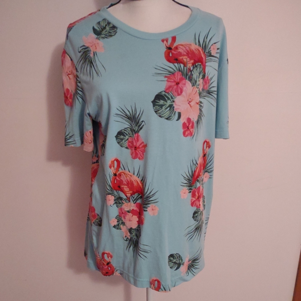 *George Men's Hawaiian Floral & Flamingo Tee-shirt Size Medium Pink & Torquoise